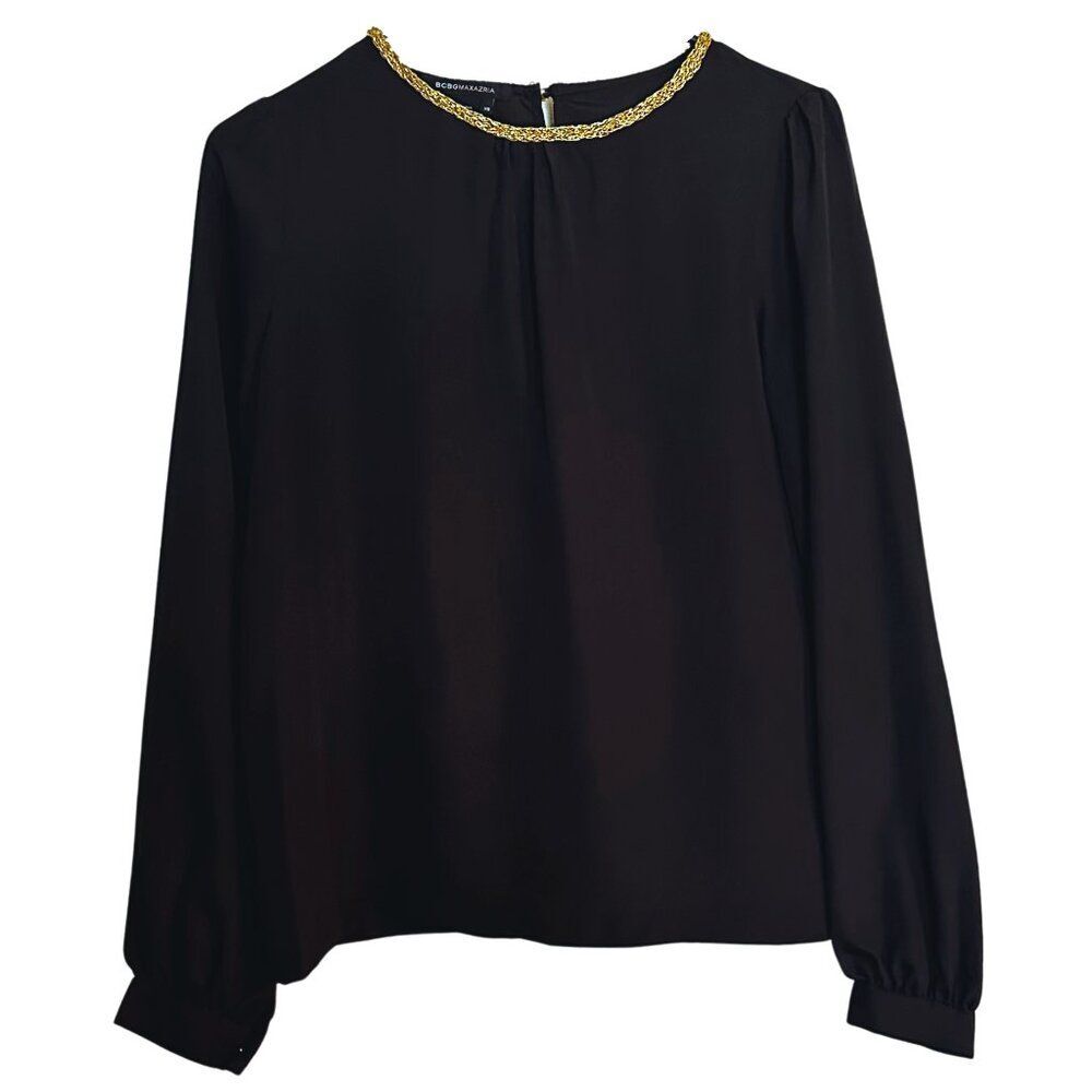 BCBG MAXAZRIA New Year Party Black Long Sleeve Blouse Top Gold Chain Neckline XS